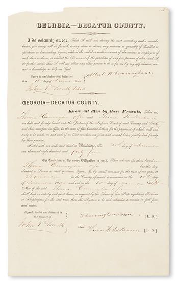 (SLAVERY AND ABOLITION--GEORGIA.) CUNNINGHAM, GEORGE. Partially printed document accomplished by hand, being a license to sell wines an